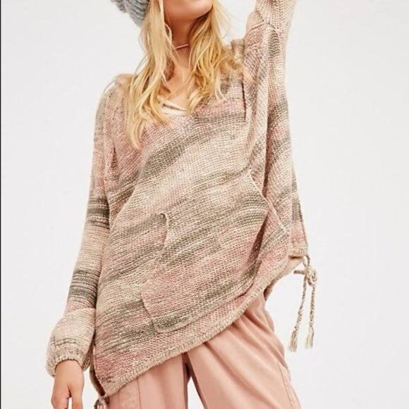RARE Free People Hooded Beige Neutral Toned Coastal Boho Knit Pull Over Sweater - Picture 1 of 6